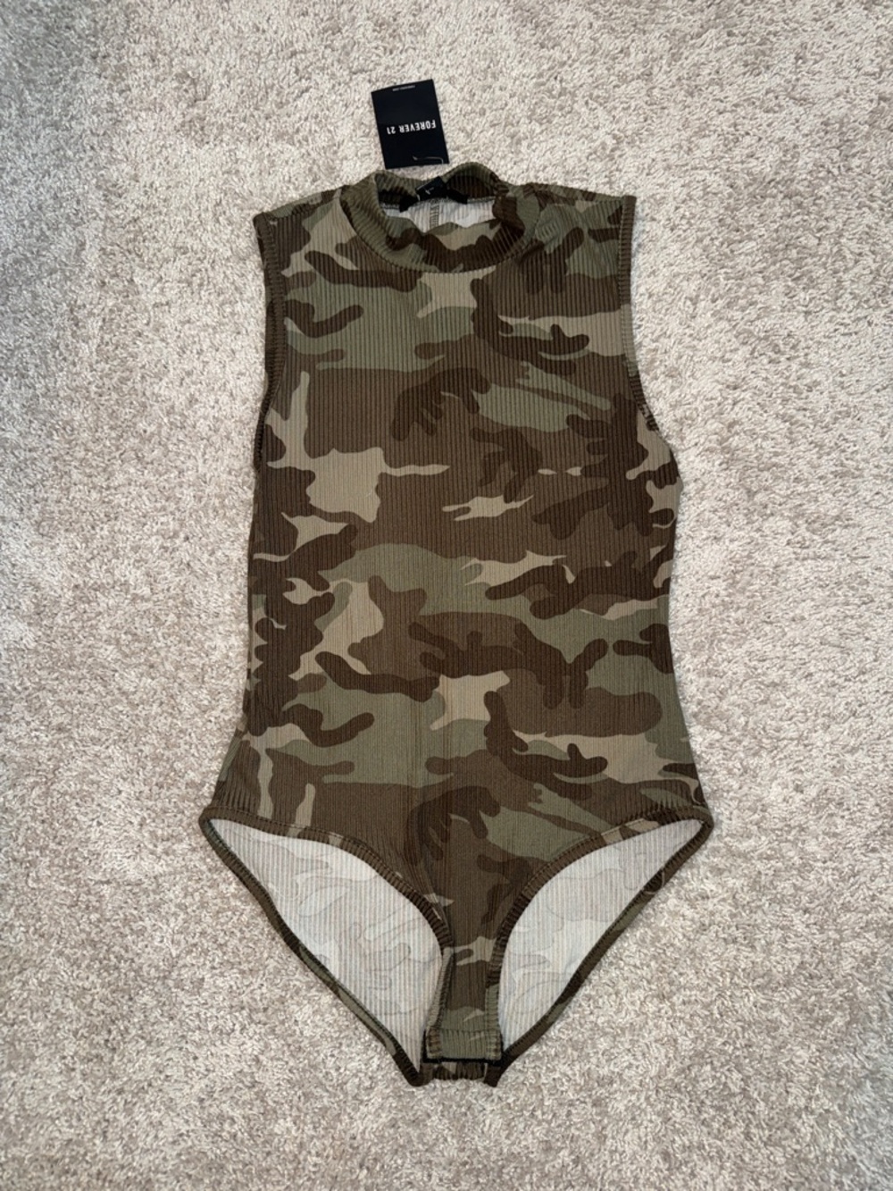 Forever 21 mock neck  Ribbed Camo One-Piece Bodysuit - Olive & Brown